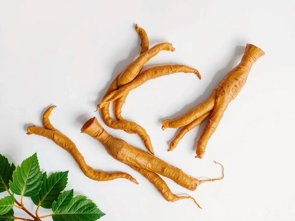 Vibrant Ginseng roots arranged artfully, conveying energy and vitality. No text.